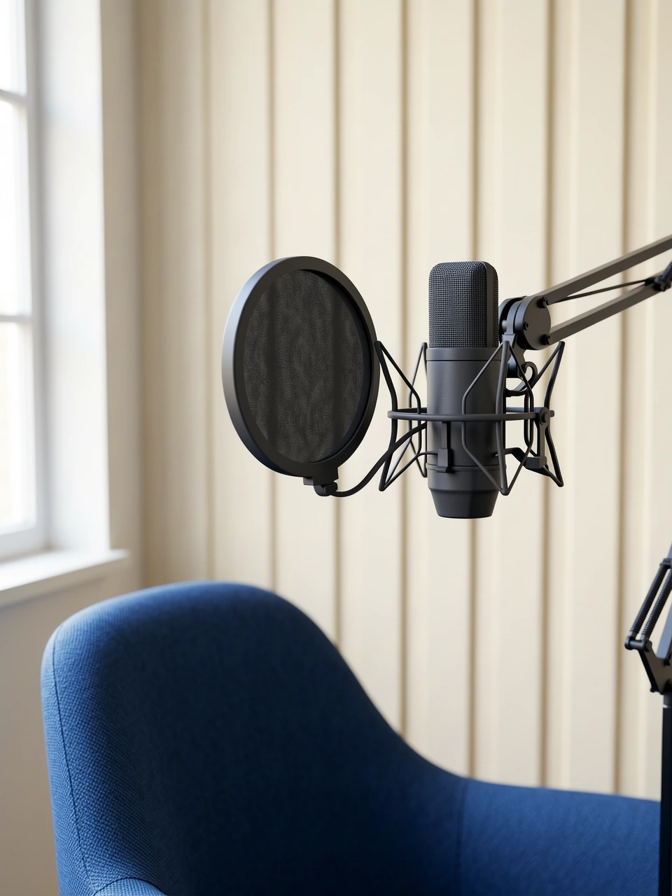 Microfoon en popfilter in een rustige opnameopstelling zonder persoon