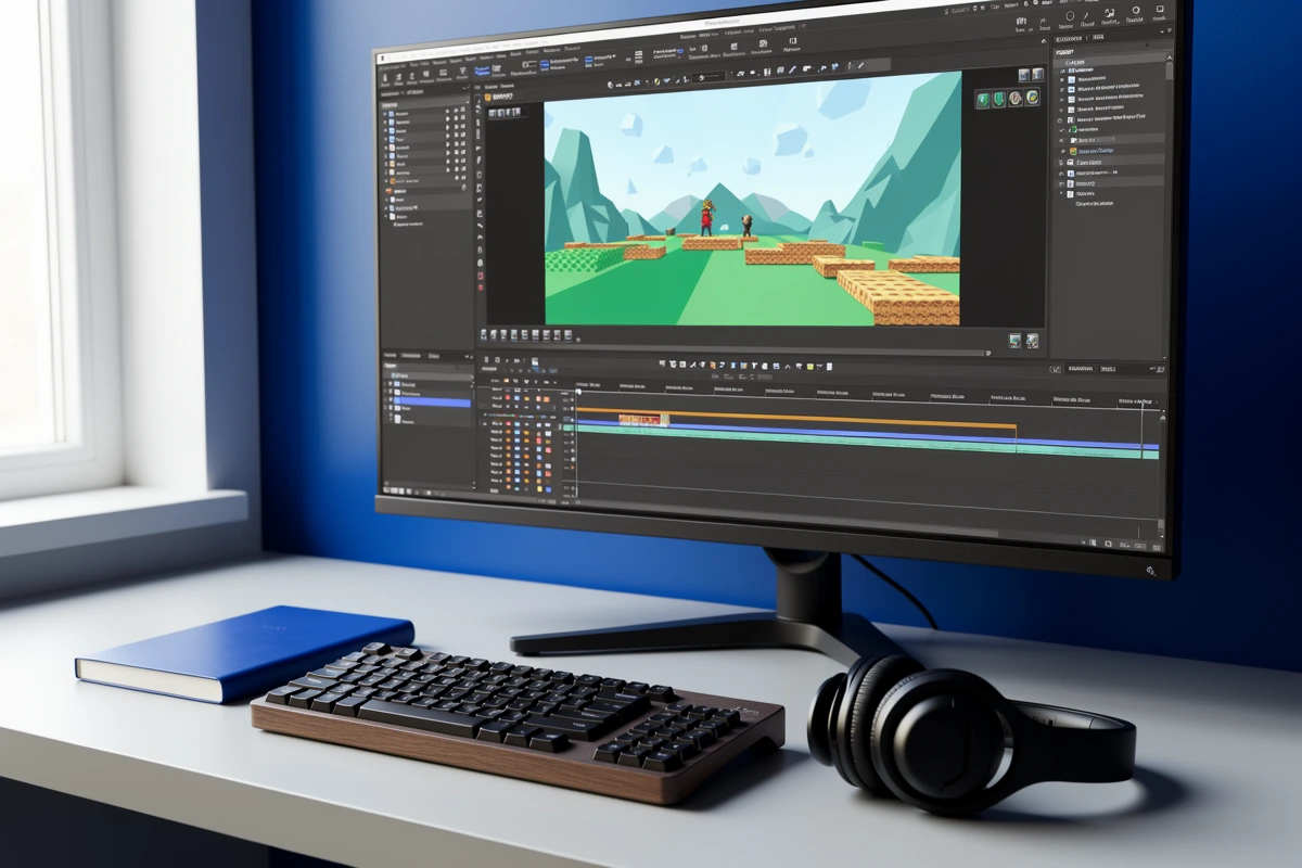 Een montagewerkplek met gameplaybeeld, tijdlijn en hoofdtelefoon