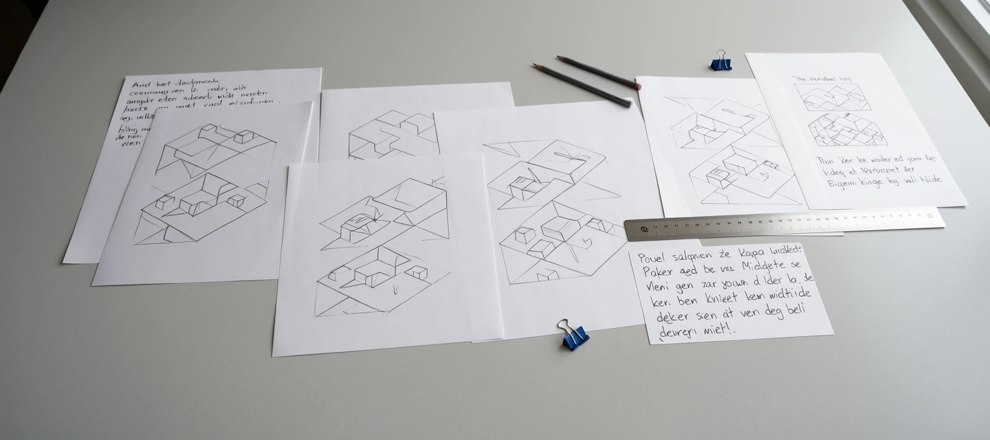 Papieren storyboard met eenvoudige spelschetsen, potlood en blauwe papierklem