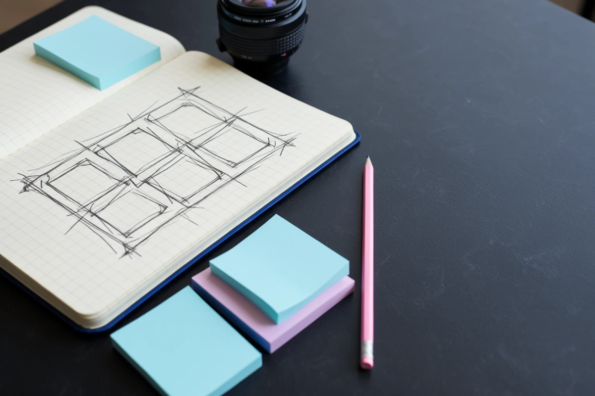 Notitieboek met beeldschetsen, cameralens en losse notities voor een productieplanning