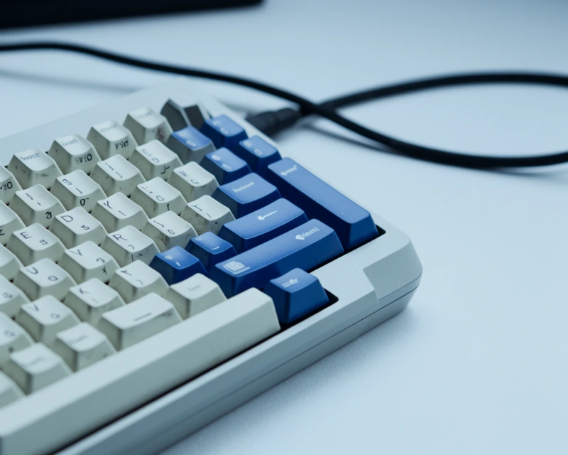 Hoek van een compact toetsenbord met een blauwe toets en gevlochten kabel